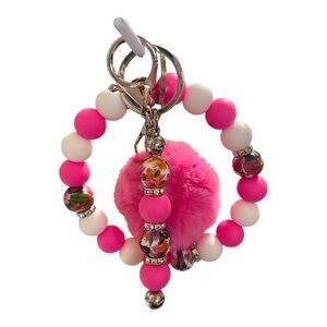 Pink & White Beaded Bracelet Keychain with Floral Accents
